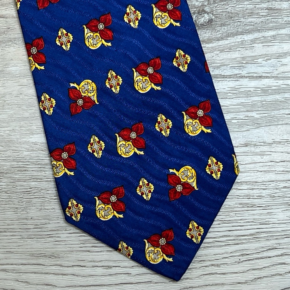 Dormeuil Paris London 100% Pure Silk Mens Tie Royal Blue Red and Yellow Floral